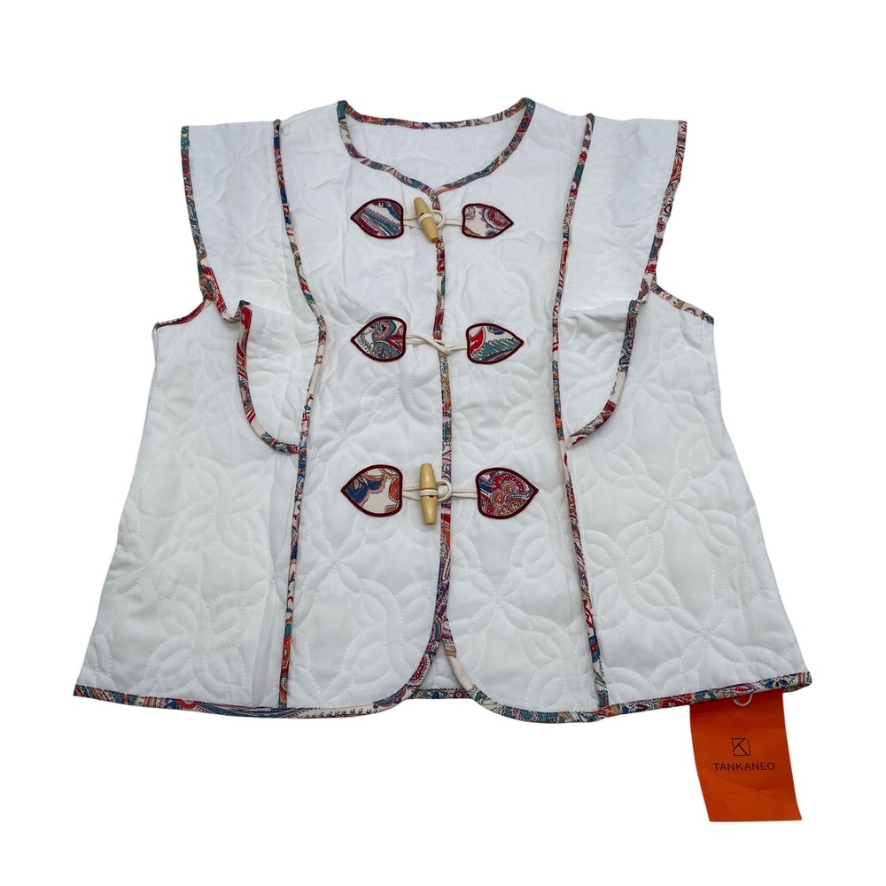 Tankaneo Womens Quilted Toggle Vest White Paisley Trim Ruffle Cap Sleeve Medium